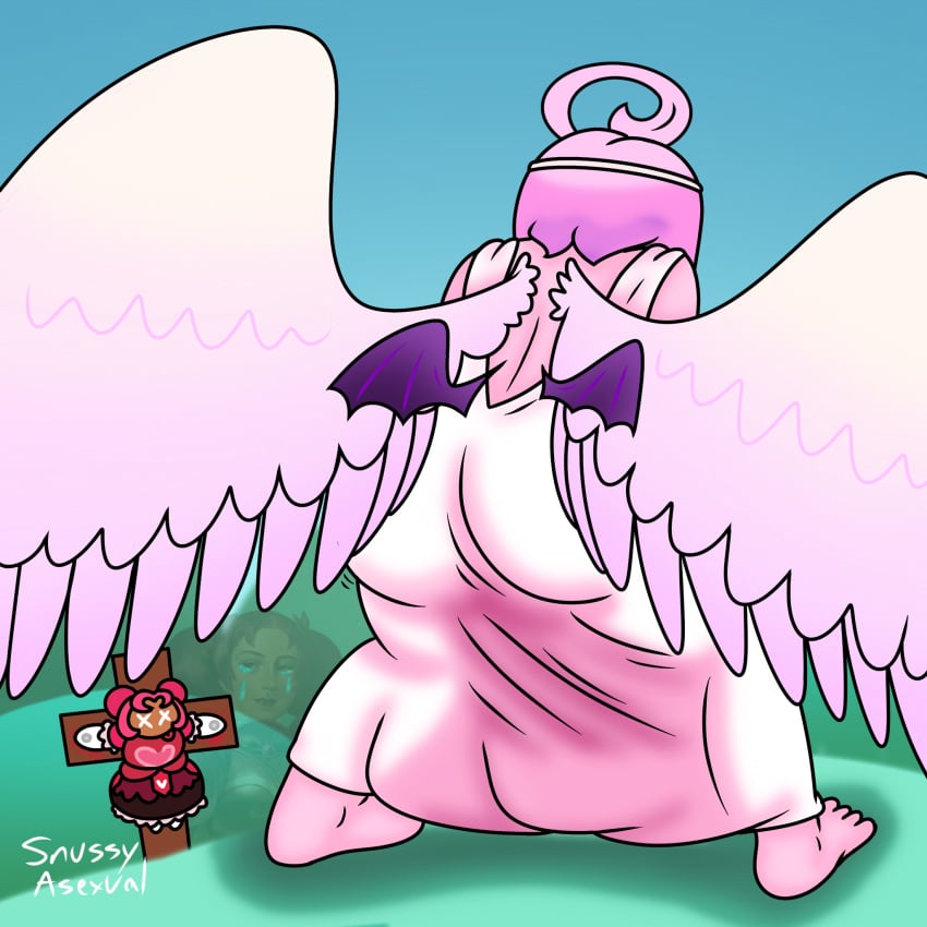 angel_wings ass ass_in_dress ass_shake background_character cookie_run cookie_run_kingdom crucified crucifixion demon_wings disrespect eternal_sugar_cookie fat_ass fully_clothed funny halo heart hollyberry_cookie meme pink_hair pink_skin snussyasex stupid twerk twerking_at_viewer