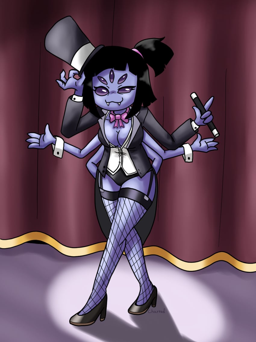 2019 5_eyes big_breasts boobjob charredasperity fangs female fishnets high_heels magic_wand magician magician_hat magician_tuxedo monster_girl muffet ribbon solo solo_focus spider_girl thick_thighs undertale undertale_(series) zatanna_zatara_(cosplay)