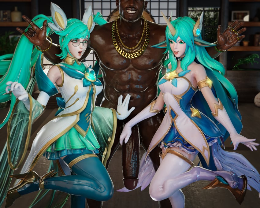 1boy 2girls 3d big_penis cfnm clothed_female_nude_male dark-skinned_male dark_skin female ffm_threesome gold_chain interracial jewelry league_of_legends light-skinned_female light_skin male male/female multiple_girls naked nude nude_male oragkkkk pale-skinned_female pale_skin partial_male ring riot_games sona_buvelle soraka star_guardian_series star_guardian_sona threesome unseen_male_face