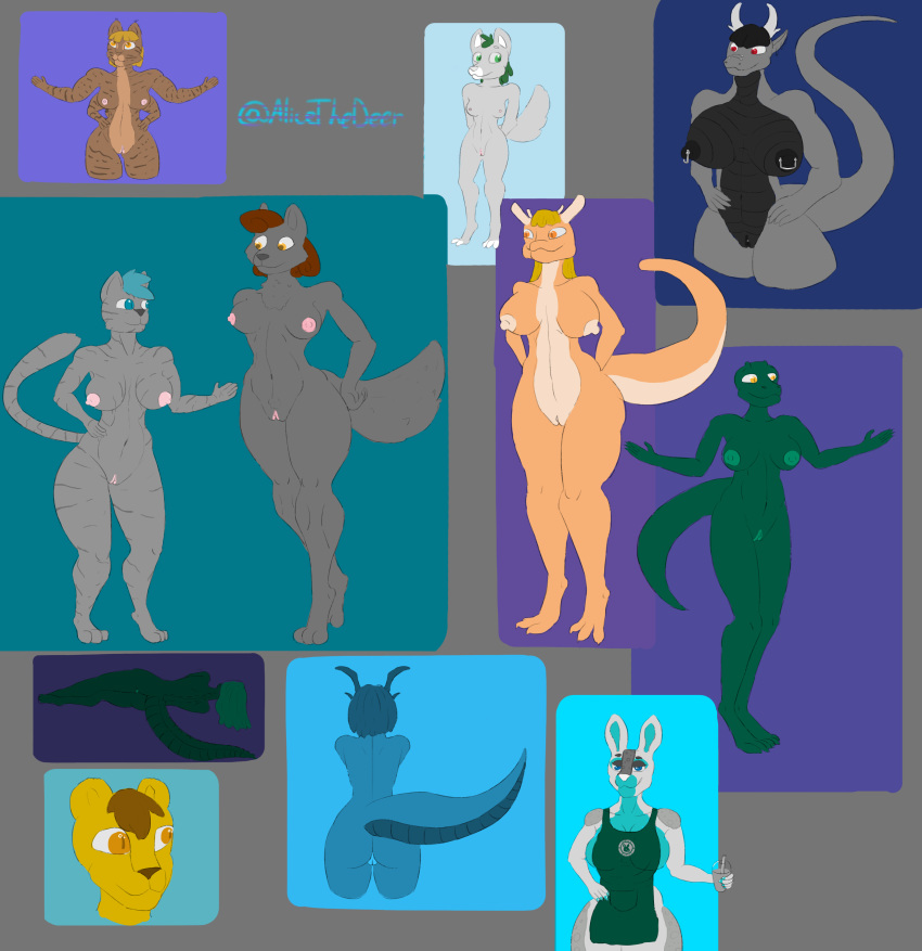 absurd_res alicethedeer anthro blue_eyes canid canine cervid cervine crocodilian dragon ear_piercing ear_ring facial_piercing felid feline female female/female fluffy fluffy_tail furgonomics furry-specific_piercing genital_piercing genitals glistening glistening_eyes green_eyes group hi_res lion mammal mavy_(alicethedeer) muzzle_piercing nipple_piercing nipples nose_piercing nude orange_eyes pantherine piercing pussy pussy_piercing red_eyes reptile scalie yellow_eyes