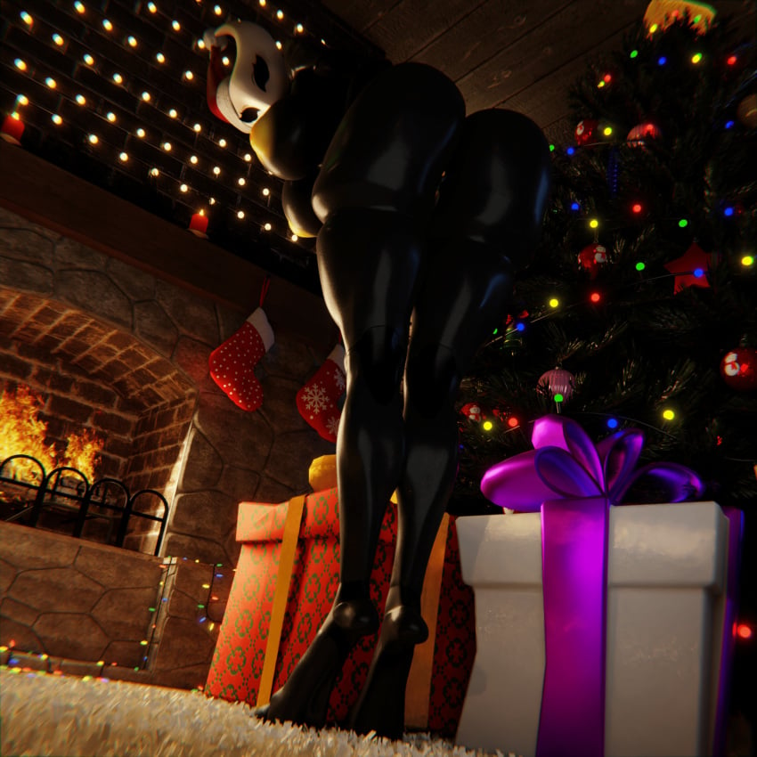 2024 2_horns 3d_(artwork) arthropod ass black_eyes breasts christmas christmas_present christmas_tree digital_media_(artwork) female fire fireplace genitals gift hi_res holidays hollow_knight horn hornet_(hollow_knight) inside low-angle_view nude plant pussy sdcat11 solo team_cherry tree white_head