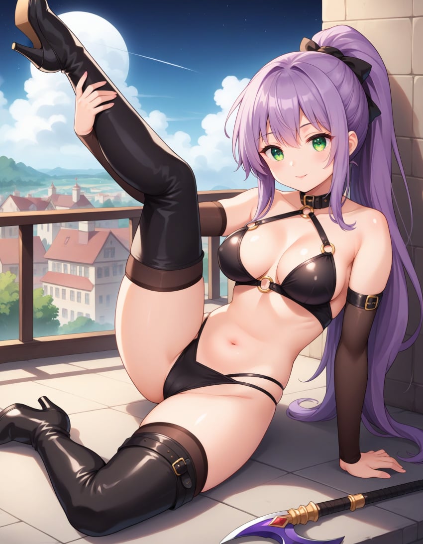 ai_generated arm_support bangs bare_shoulders bikini black_bikini black_bow black_choker black_footwear black_gloves black_legwear black_swimsuit black_thighhighs blue_sky blush boots bow breasts building cameltoe choker cleavage closed_mouth clothing cloud collar day detached_sleeves elbow_gloves female footwear gloves green_eyes hair_between_eyes hair_ornament hairbow high_heel_boots high_heels large_breasts leaning_back legwear long_hair looking_at_viewer medium_breasts moon multi-strapped_bikini navel o-ring o-ring_bikini o-ring_top outdoors polearm ponytail purple_hair shoes sidelocks sitting sky smile solo spear standing stomach swimsuit thigh_boots thighhighs thighs tied_hair very_long_hair weapon