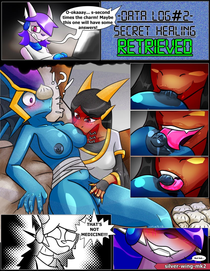 anthro aquatic_dragon big_breasts blush comic cordelia_(freedom_planet_2) dialogue dragon earth_dragon english english_text female female_protagonist fingering freedom_planet freedom_planet_2 masturbation merga nude nude_female sash_lilac silver-wing-mk2 sucking sucking_nipples video_games water_dragon yuri