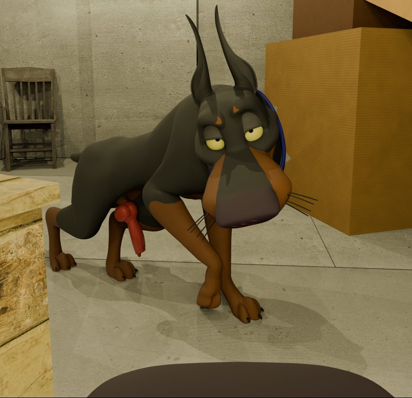 3d_(artwork) absurd_res animal_genitalia animal_penis aroused box canid canine canine_genitalia canine_penis canis container desoto_(disney) digital_media_(artwork) disney dobermann domestic_dog duo eyebrows feral first_person_view genitals hi_res looking_at_viewer male male/male mammal oliver_and_company penis pinscher raised_eyebrow redneck_redoubt roscoe_(disney) solo_feral warehouse