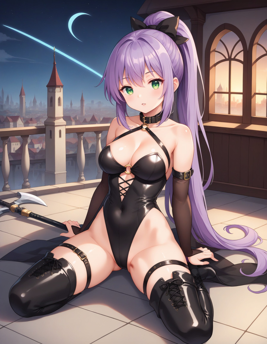 ai_generated bangs bare_shoulders black_choker black_footwear black_gloves black_legwear black_leotard black_ribbon black_thighhighs blush boots bow breasts bridal_gauntlets buckle building castle choker cityscape cleavage clothing collar covered_navel crescent_moon cross-laced_clothes fate_(series) female footwear gloves green_eyes hair_between_eyes hair_ornament hair_ribbon halterneck high_heel_boots high_heels highleg highleg_leotard holding large_breasts legwear leotard long_hair looking_at_viewer medea_(fate) medium_breasts moon navel night night_sky o-ring parted_lips ponytail purple_hair ribbon sidelocks sitting sky solo star_(sky) starry_sky thigh_boots thigh_strap thighhighs thighs tied_hair very_long_hair weapon