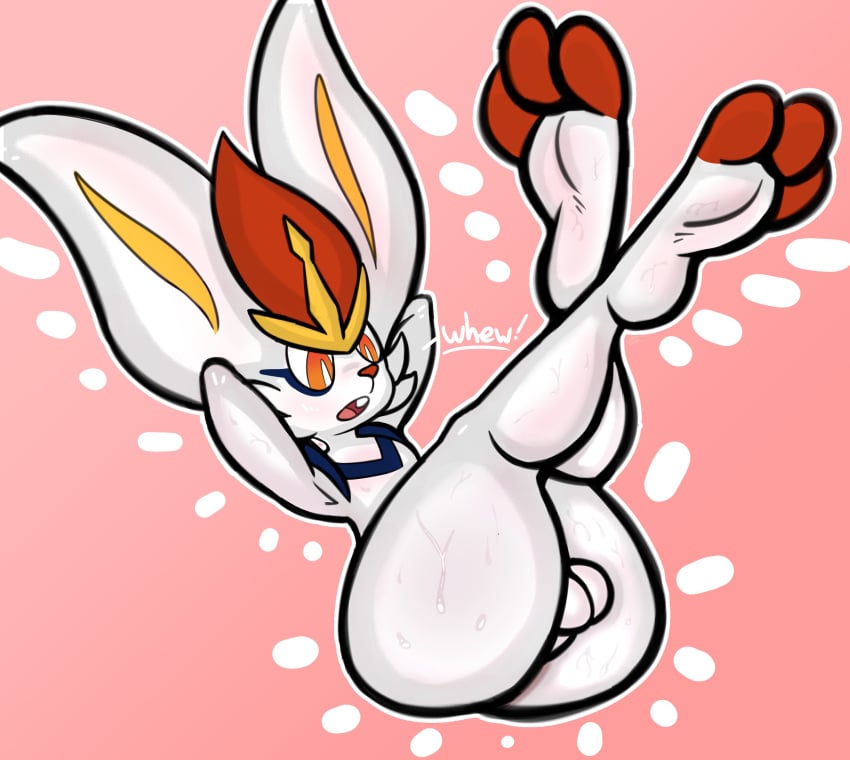 2025 absurd_res anthro ass athletic athletic_anthro athletic_male balls big_butt big_ears big_feet bodily_fluids buckteeth cinderace curvy_figure dialogue digitigrade english_text feet fur generation_8_pokemon genitals hi_res jjeoe legs_up lying male nintendo nude on_back open_mouth perineum pink_background pokemon pokemon_(species) simple_background solo stretching sweat teeth text thick_thighs tuft