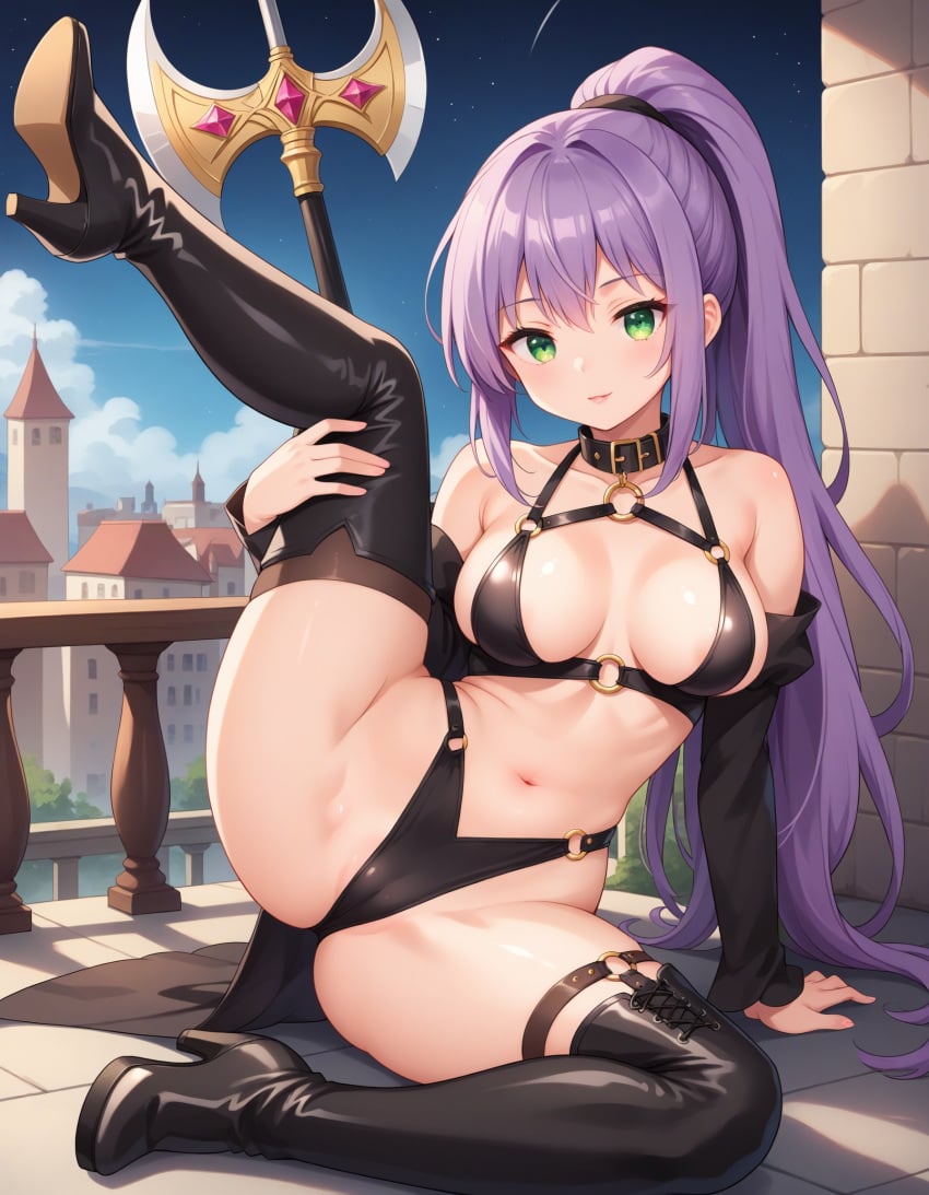 ai_generated areola_slip arm_support axe bangs bare_shoulders battle_axe bikini black_bikini black_choker black_footwear black_legwear black_sleeves black_swimsuit black_thighhighs blue_sky blush boots breasts breasts_apart building cameltoe castle choker cleavage closed_mouth clothing collar day detached_sleeves fate_(series) female footwear green_eyes hair_between_eyes high_heel_boots high_heels large_breasts legwear long_hair long_sleeves looking_at_viewer medea_(fate) medium_breasts navel night o-ring outdoors partially_visible_vulva ponytail purple_hair revealing_clothes shoes sidelocks sitting sky smile solo spread_legs stomach swimsuit thigh_boots thighhighs thighs tied_hair very_long_hair weapon