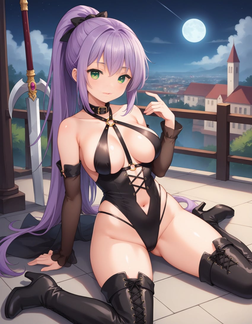 ai_generated arm_support bangs bare_shoulders black_bow black_choker black_footwear black_gloves black_legwear black_leotard black_thighhighs blush boots bow breasts cameltoe choker cityscape clavicle cleavage closed_mouth clothing clothing_cutout cloud collar covered_navel cross-laced_clothes detached_sleeves elbow_gloves fate_(series) female female_only footwear full_body full_moon gloves green_eyes hair_between_eyes hair_ornament hairbow hand_up high_heel_boots high_heels highleg highleg_leotard knee_boots large_breasts legwear leotard long_hair looking_at_viewer medea_(fate) medium_breasts moon navel night night_sky o-ring outdoors ponytail purple_hair revealing_clothes shoes sidelocks sitting sky smile solo star_(sky) sword thigh_boots thighhighs thighs tied_hair very_long_hair wariza weapon