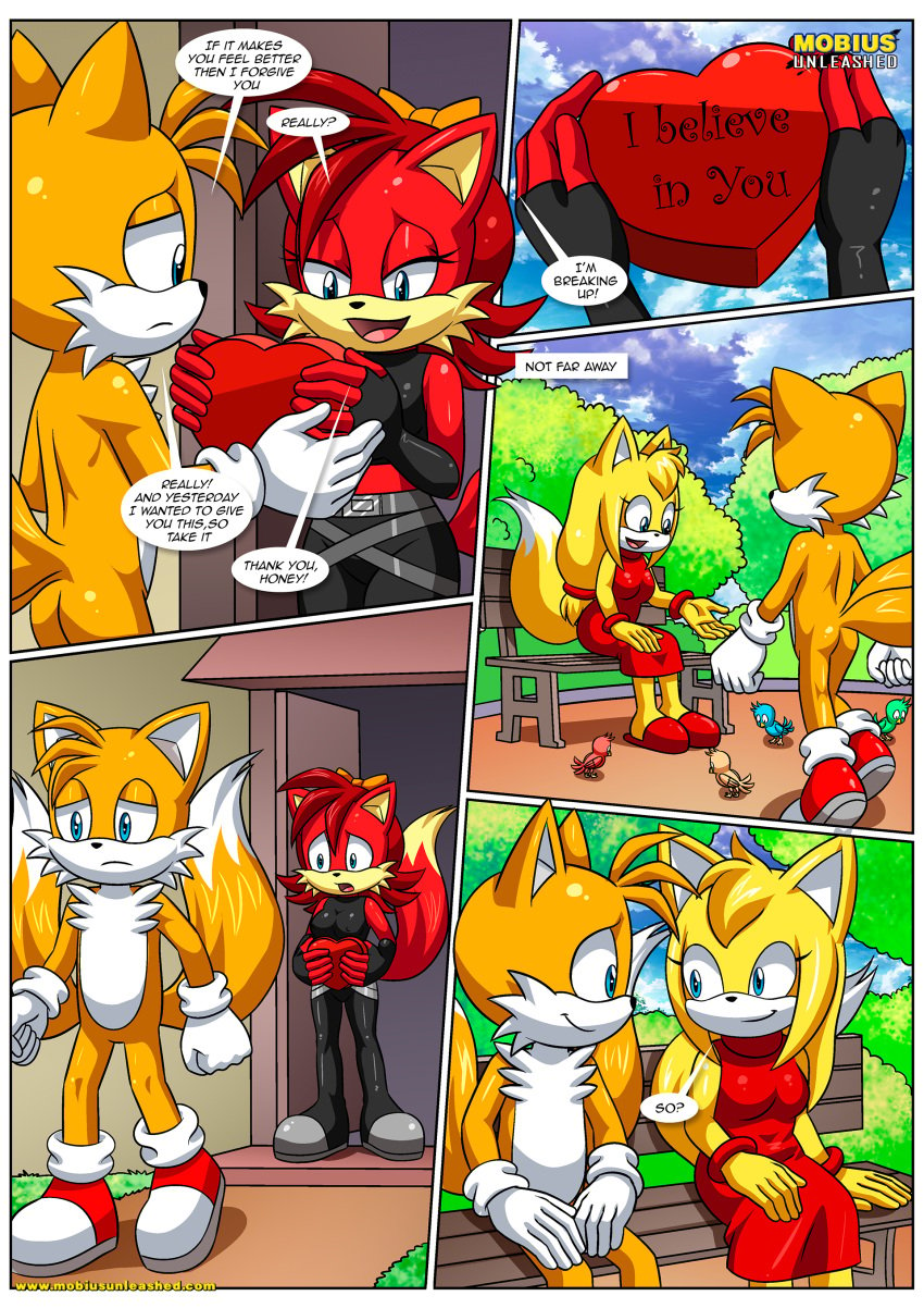 anthro ass bbmbbf comic dialogue female fiona_fox let_me_love_you_(comic) male male/female mobian_(species) mobius_unleashed palcomix sega sonic_(series) sonic_boom sonic_the_hedgehog_(series) speech_bubble tails tails_the_fox zooey_the_fox