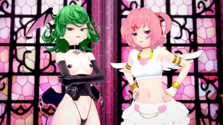 2girls angel angel_girl angel_wings cute cute_face cute_fang demon demon_girl demon_horns demon_tail demon_wings doki_doki_literature_club green_eyes green_hair koikatsu mylasttour0 natsuki_(doki_doki_literature_club) one-punch_man pink_eyes pink_hair small_breasts smaller_female tatsumaki