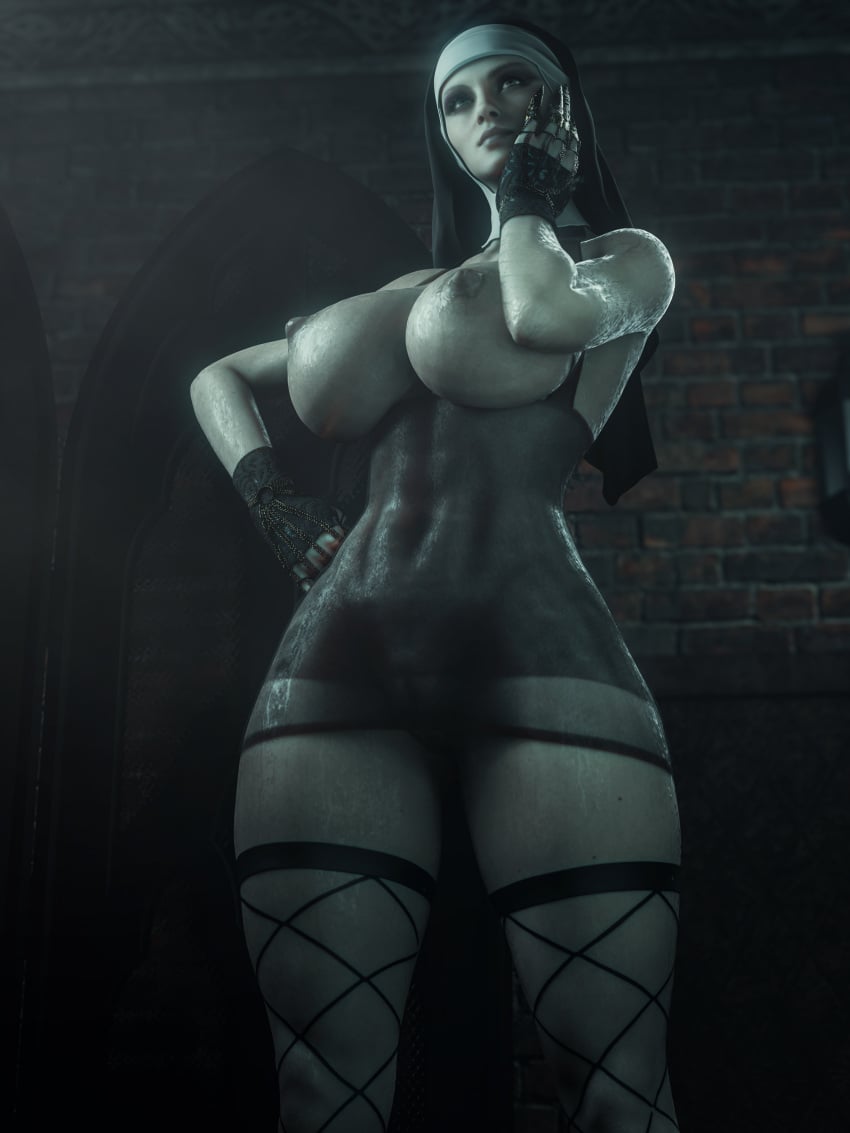 3d abs big_breasts female_focus female_only hi_res huge_breasts light-skinned_female mature_female milf mommy mother_miranda_(resident_evil) nun nun_hat plague_of_humanity_(artist) resident_evil resident_evil_8:_village socks thick_thighs thighhighs