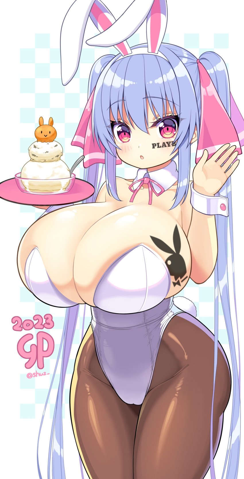 2023 bangs barely_contained big_breasts blue_hair blush bunny_costume bunny_ears bunny_girl bunnysuit cleavage collar collarbone edit english_text female hair_between_eyes hair_ornament hair_ribbon hourglass_figure huge_breasts large_breasts leotard looking_at_viewer narrow_shoulders new_year pantyhose pink_eyes playboy playboy_bunny riko_(shuz) shiny_skin shortstack shuz_(dodidu) skindentation slim_waist solo tattoo text third-party_edit tight_clothing tights year_of_the_rabbit