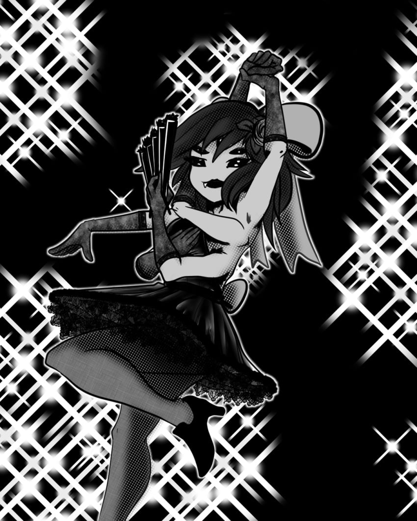 2020 5_eyes clothed clothing dancer dancer_outfit dress fangs female flower flower_in_hair handfan high_heels inktober legs looking_at_viewer monochrome monster_girl muffet performance performing ribbon sleeves spider_girl thighhighs undertale undertale_(series)