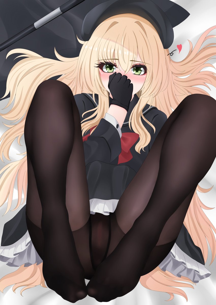 absurdres black_gloves black_hat black_serafuku black_shirt black_skirt blonde_hair blue_archive blush bow bowtie brown_pantyhose chinese_commentary collared_shirt commentary_request covering_own_mouth eyelashes feet female frilled_skirt frills from_above gloves green_eyes hair_between_eyes hand_over_own_mouth hat heart highres knees_apart_feet_together knees_up legs long_hair long_sleeves looking_at_viewer lying on_back pantyhose professor_niyaniya_(blue_archive) pussy red_bow red_bowtie school_uniform serafuku shirt skirt solo sym. thighband_pantyhose toes very_long_hair