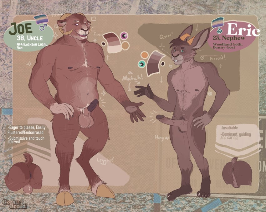 2023 age_difference anthro ass balls body_hair bovid boxedbread caprine chest_hair duo ear_piercing erection eyebrow_piercing facial_hair facial_piercing frenum_piercing genital_piercing genitals goat goatee hairy_balls hand_on_hip happy_trail hi_res hooves hybrid incest_(lore) lagomorph leporid looking_at_viewer male mammal navel nephew_(lore) nipples nude penis penis_piercing piercing pubes rabbit sheep smile smiling_at_viewer standing text uncle_(lore) uncle_and_nephew_(lore) vein veiny_penis