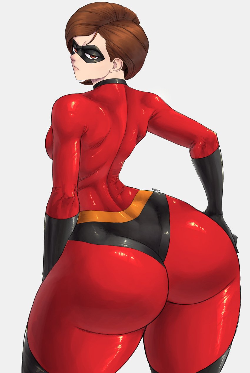 1girls ass ass_focus big_ass brown_eyes brown_hair bubble_ass bubble_butt disney elastigirl female_superhero helen_parr huge_ass limn044 looking_at_viewer looking_back pixar short_hair skin_tight superhero_costume superheroine the_incredibles tight_fit