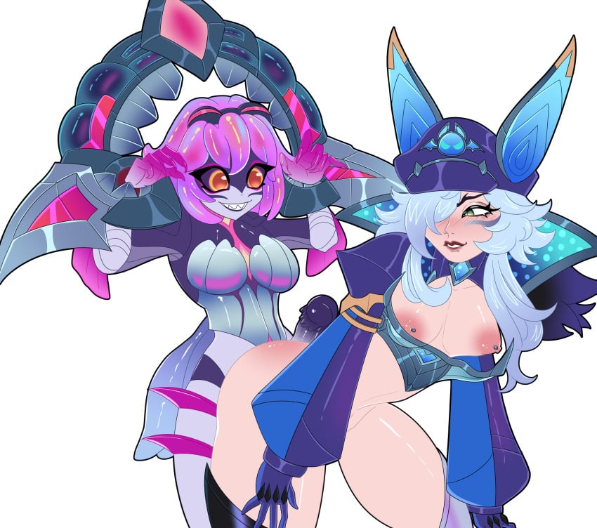 1futa alexklein anima_squad_series animal_ears battle_bat_xayah bent_over bottomless breasts briar_(league_of_legends) clothed clothing futa_on_female futanari humanoid kemonomimi league_of_legends light-skinned_female light_skin monster_girl mostly_nude nipple_piercing partially_clothed primordian_briar standing vastaya xayah