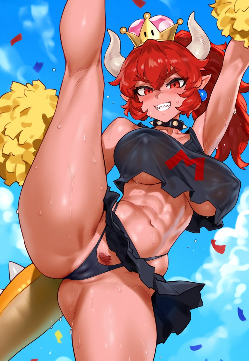 ai_generated blush bowsette cameltoe cheerleader cheerleader_outfit cheerleader_uniform choker covered_nipples earrings female female_focus from_below highleg_panties jagat_ai mario_(series) nipples_visible_through_clothing pubic_hair pubic_hair_peek red_eyes red_hair skirt smile solo solo_female split standing_on_one_leg super_crown super_mario_bros. sweat sweatdrop sweating tail tan_skin tubetop