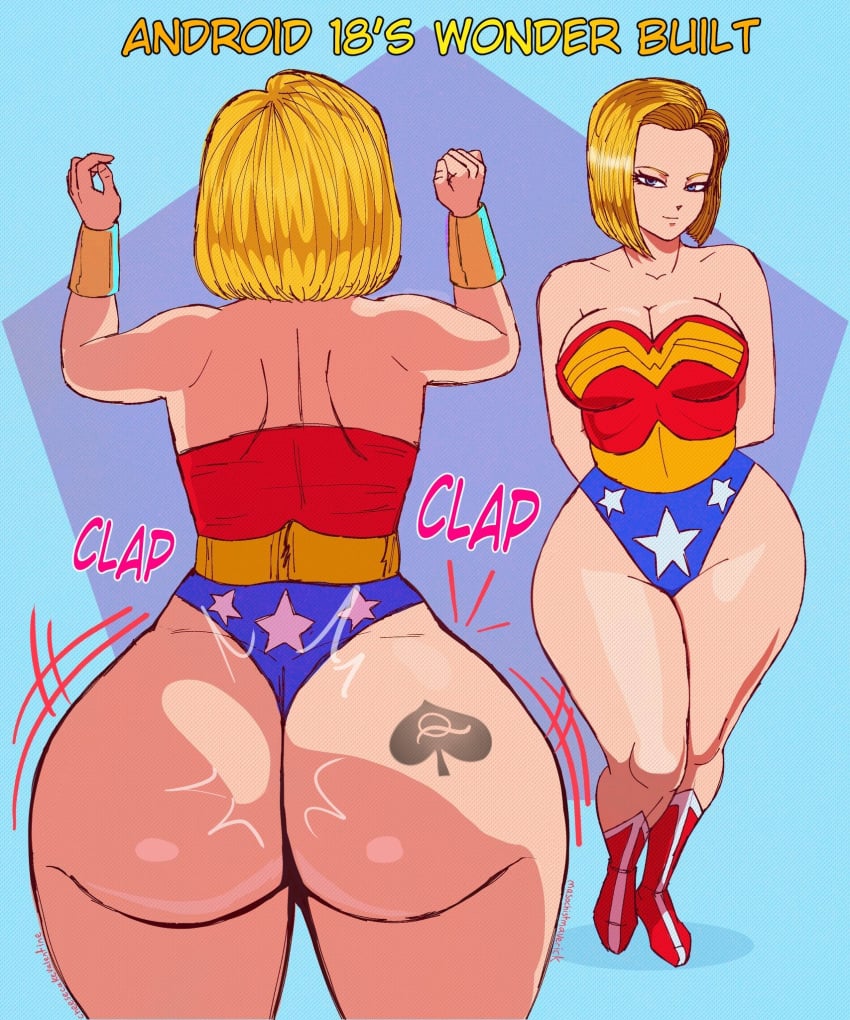 1girls android_18 ass big_ass big_butt blonde_hair blonde_hair_female cheesecake98013 dc dc_comics dragon_ball large_ass large_butt light-skinned_female light_skin looking_at_viewer queen_of_spades queen_of_spades_symbol queen_of_spades_tattoo smile smiling smiling_at_viewer wonder_woman_(cosplay)