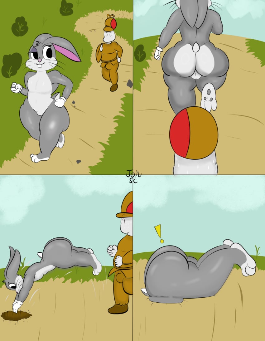 andromorph anthro ass big_butt bugs_bunny duo femboy hi_res human humanoid intersex jonsc lagomorph leporid looney_tunes male male/male mammal rabbit running stuck stuck_in_ground warner_brothers white_body