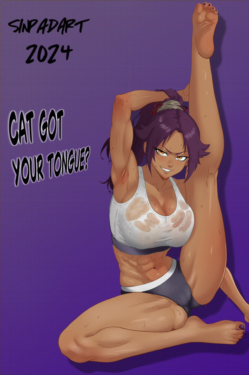 armpits big_breasts bleach dark-skinned_female leg_up legs muscular_female see-through_clothing shihouin_yoruichi shorts sinpadart smug soles stretching sweaty sweaty_breasts tank_top thick_thighs