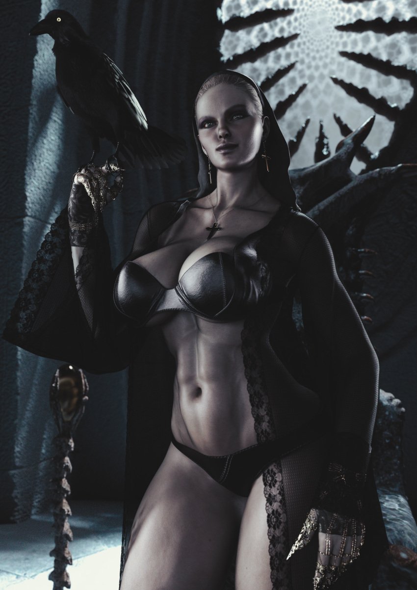 3d abs big_breasts bra entitledgoose female_focus female_only gothic hi_res highres huge_breasts light-skinned_female milf mommy mother_miranda_(resident_evil) panties queen raven resident_evil resident_evil_8:_village thick_thighs thighhighs