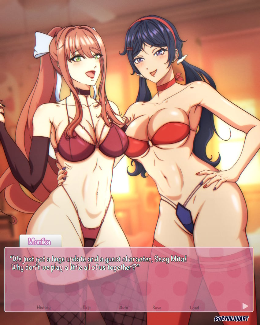 2girls arm_around_waist blush bow bra breasts bridal_gauntlets collar crossover doki_doki_literature_club fishnet_legwear fishnets gameplay_mechanics green_eyes hair_ornament hairbow hairclip hand_on_hip highleg highleg_panties highres indoors lipstick long_hair looking_at_viewer low_twintails makeup miside mita_(miside) monika_(doki_doki_literature_club) multicolored_nail_polish multiple_girls nail_polish navel o-ring o-ring_top open_mouth orange_hair panties ponytail ryuujinart sidelocks smile sunset thighhighs tube_top twintails twitter_link underwear