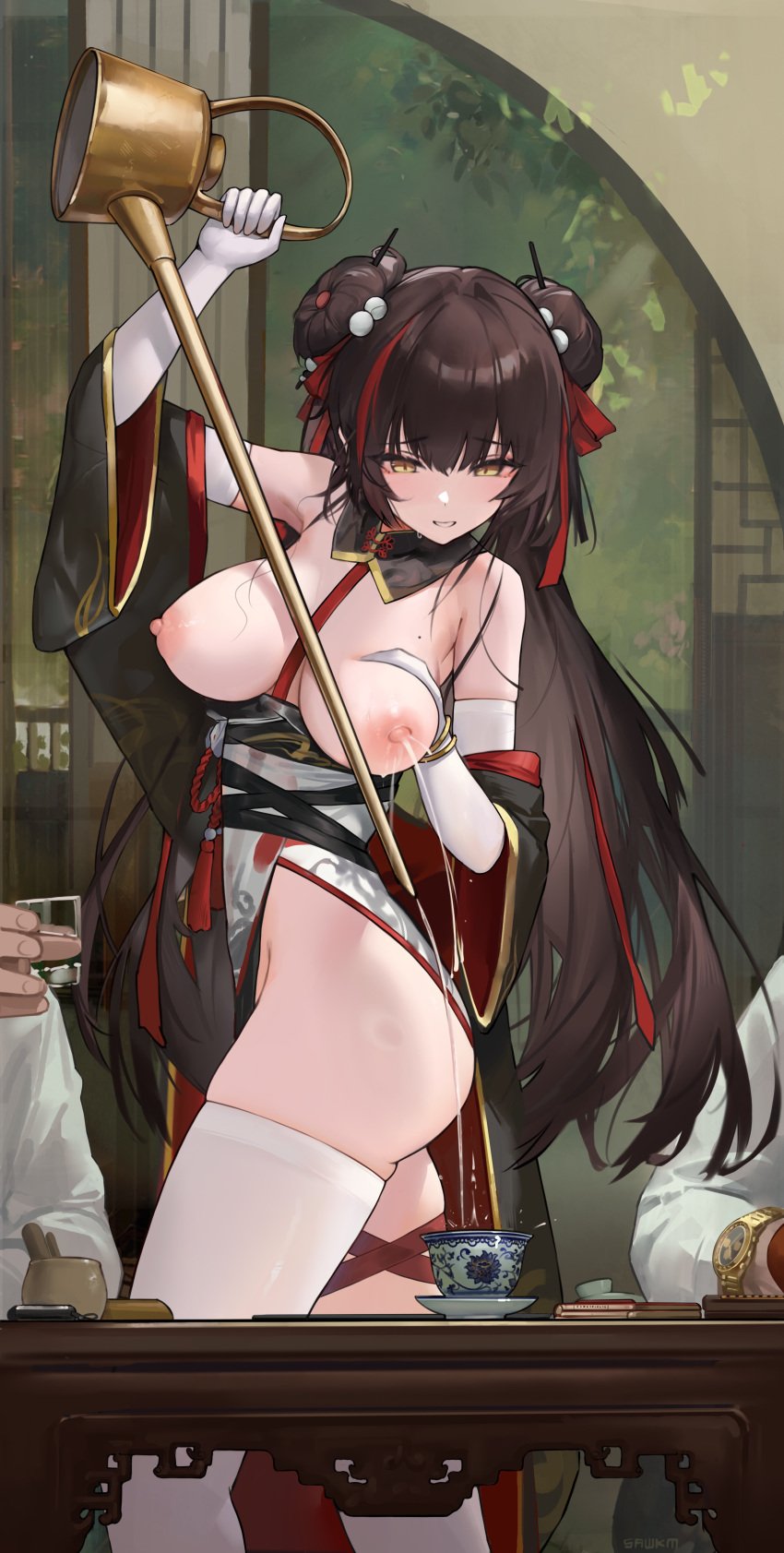 2boys absurdres architecture ass bare_shoulders black_hair breastless_clothes breasts china_dress chinese_clothes choko_(cup) commentary cup decantering double_bun dress east_asian_architecture elbow_gloves female girls'_frontline girls'_frontline_neural_cloud gloves hair_bun hair_ribbon hand_milking highres holding holding_cup jiangyu_(angler's_sweep)_(neural_cloud) jiangyu_(neural_cloud) lactating_into_container lactation lactation large_breasts long_hair long_spout_teapot mole mole_on_breast multicolored_hair multiple_boys nipples pelvic_curtain projectile_lactation red_hair red_ribbon ribbon sawkm self_milking shirt skindentation smile solo_focus streaked_hair symbol-only_commentary thighhighs type_97_(girls'_frontline) very_long_hair watch white_dress white_gloves white_shirt white_thighhighs wristwatch yellow_eyes