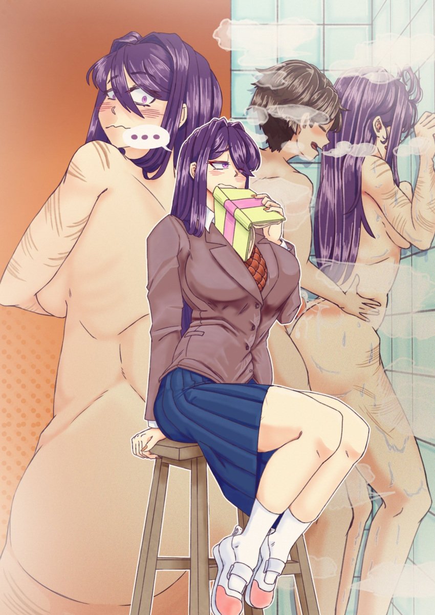 1boy 1girls 5_fingers big_breasts blue_skirt blush blushing book book_covering_mouth breasts chair doki_doki_literature_club female_focus healed_scars holding_book long_hair looking_back mc_(doki_doki_literature_club!) one_eye_obstructed purple_eyes purple_hair sekailest self-harm_scars sitting sitting_down sitting_on_chair sitting_on_stool skirt steam steamy stool stool_(chair) tile tile_wall tiles yuri_(doki_doki_literature_club)