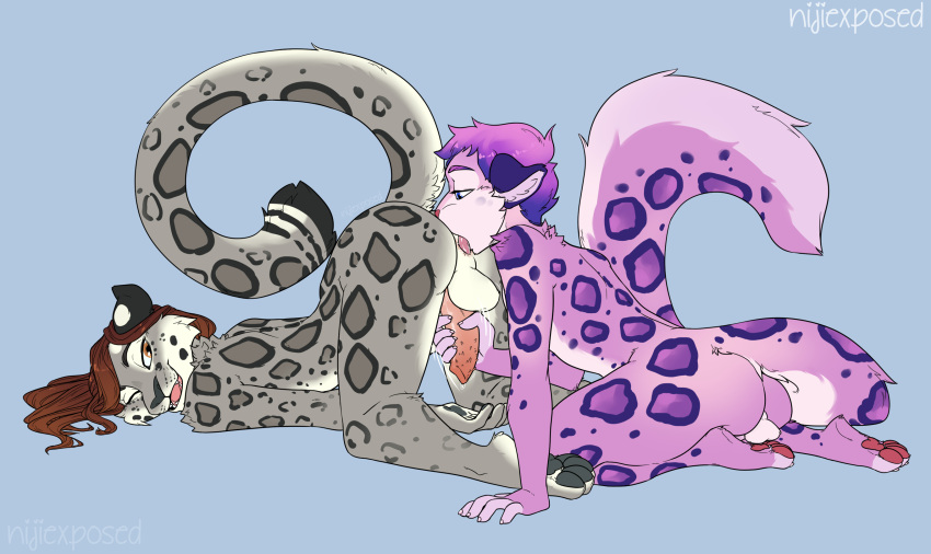 anal anthro big_tail drewby_(drewby) felid fluffy fluffy_tail fur girly handjob hi_res male male/male mammal nijiexposed oral pantherine pawpads paws penile pink_body pink_fur purple_body purple_fur rimming sex slim snow_leopard