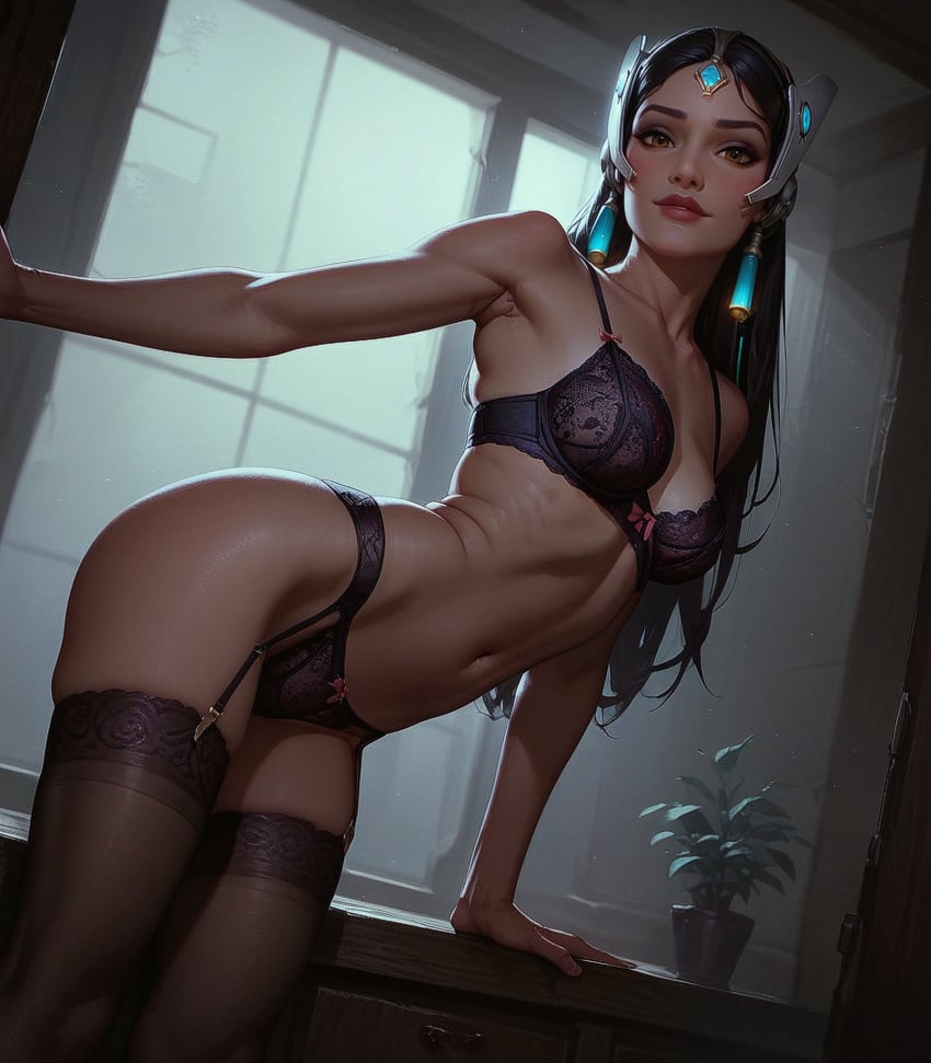 1girls ai_generated bent_over blizzard_entertainment bra dark-skinned_female garter_belt garter_straps indian indian_female lace lace_panties lingerie long_hair looking_at_viewer overwatch ragen ragen_nsfw seductive seductive_look shy solo stockings symmetra