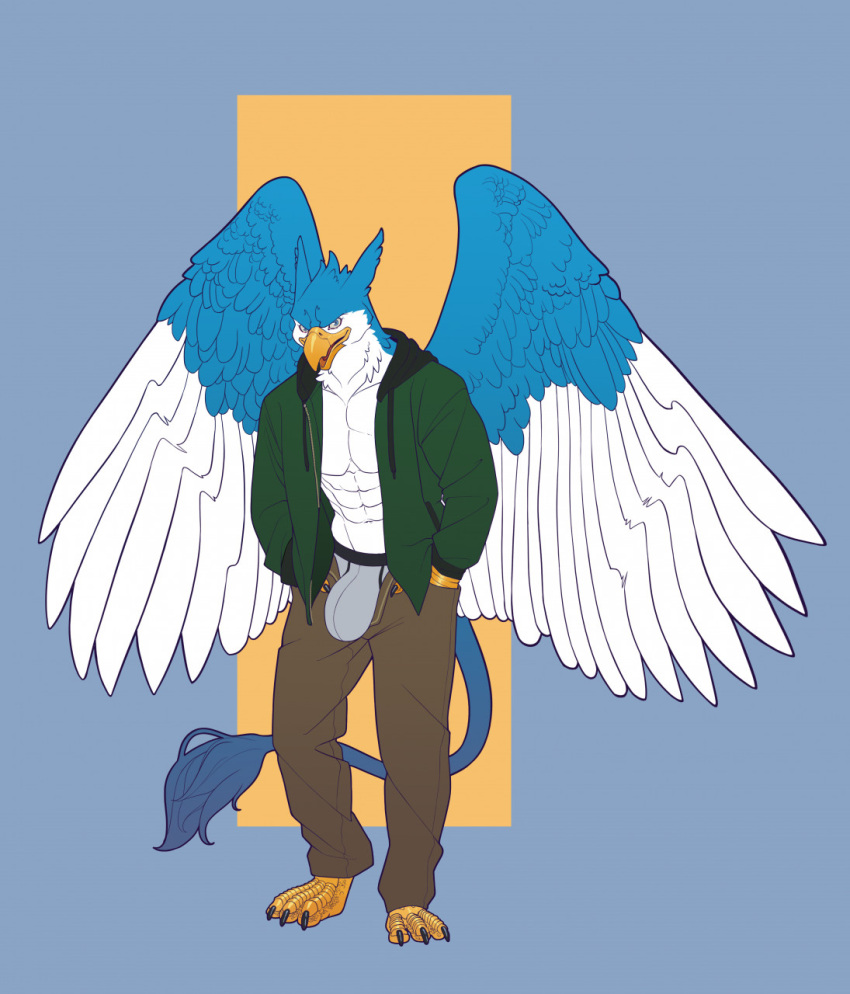 abs avian beak blazingifrit bottomwear bulge clothing digital_drawing_(artwork) digital_media_(artwork) feathered_wings feathers furry gryphon hi_res jacket mythological_avian mythological_creature mythology pants simple_background solo standing tail topwear wings