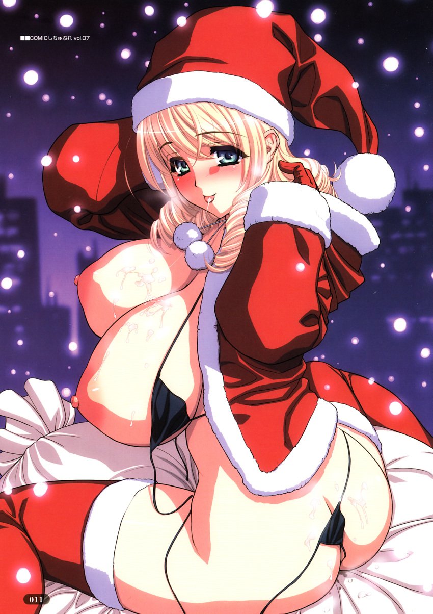 1girls 2011 ass back_boob big_boobs big_breasts big_tits blonde_hair boobs breasts butt christmas female happy magaki_ryouta nipples only_female original santa_costume tits