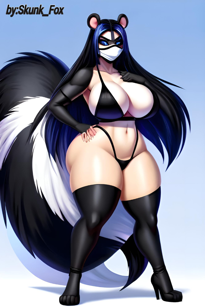 1girls black_panties huge_ass huge_breasts ninja possum skunk_tail thick_thighs