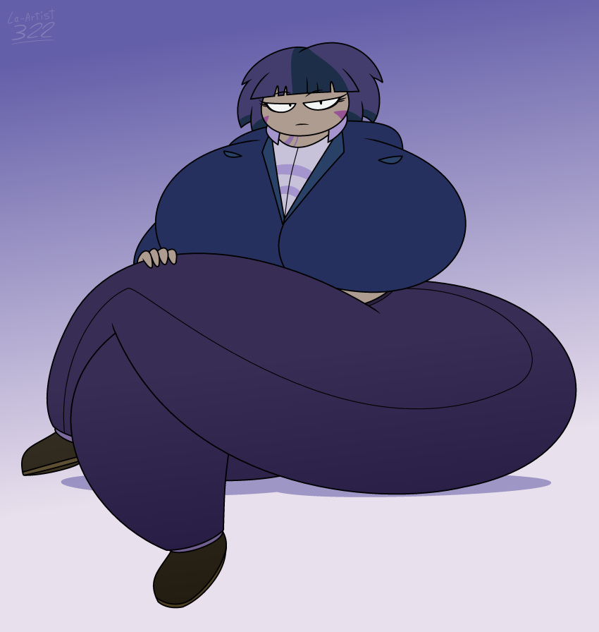 fat hand_on_leg la-artist322_(artist) large_breasts looking_at_viewer narrowed_eyes plump_breasts plump_hips plumpy posing purple_background purple_hair self_upload shaded_background sitting