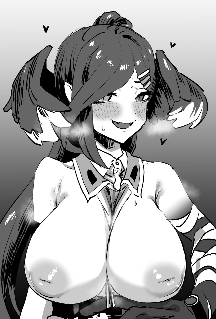 :d absurdres armpit_crease bare_shoulders between_breasts blush breasts breasts_out cleavage clothes_between_breasts female greyscale hair_ornament hairclip head_wings heart highres inverted_nipples kesuga_(re_riyo) large_breasts long_hair monochrome nijisanji nijisanji_en nipples no_bra oerba_yun_fang open_mouth ponytail selen_tatsuki smile solo sweat virtual_youtuber wings