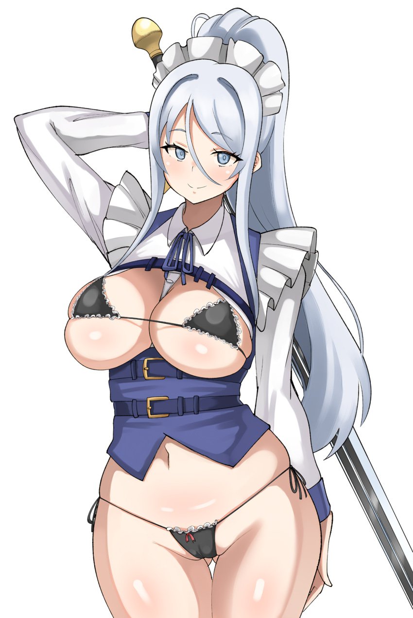 apron arm_behind_head belt blue_dress blue_eyes blue_hair breasts cameltoe center_opening cleft_of_venus closed_mouth dress eyebrows_hidden_by_hair feet_out_of_frame female gluteal_fold groin hair_between_eyes hand_on_own_ass highres holding holding_sword holding_weapon large_breasts long_hair looking_at_viewer maid maid_headdress micro_bikini micro_bra micro_panties micro_thong microkini multiple_belts navel norakuro_nero panties ponytail pussy_visible_through_clothes pussy_visible_through_swimsuit pussy_visible_through_thong simple_background skindentation smile solo stomach string_bikini sword sylpha_(dai_nana_oji) tensei_shitara_dai_nana_oji_datta_no_de:_kimama_ni_majutsu_o_kiwamemasu thigh_gap underwear very_long_hair weapon white_apron white_background white_headdress