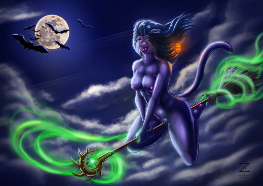 anthro breasts broom catzakir chiropteran cleaning_tool cloud domestic_cat felid feline felis female flying hair magic magic_user mammal moon night nipples witch