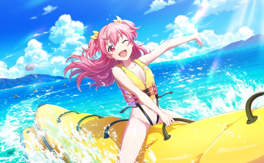 alternate_version_available banana floatie life_jacket looking_at_viewer momoi_airi ocean pink_eyes pink_hair ponytails project_sekai project_sekai_card_edit straps water