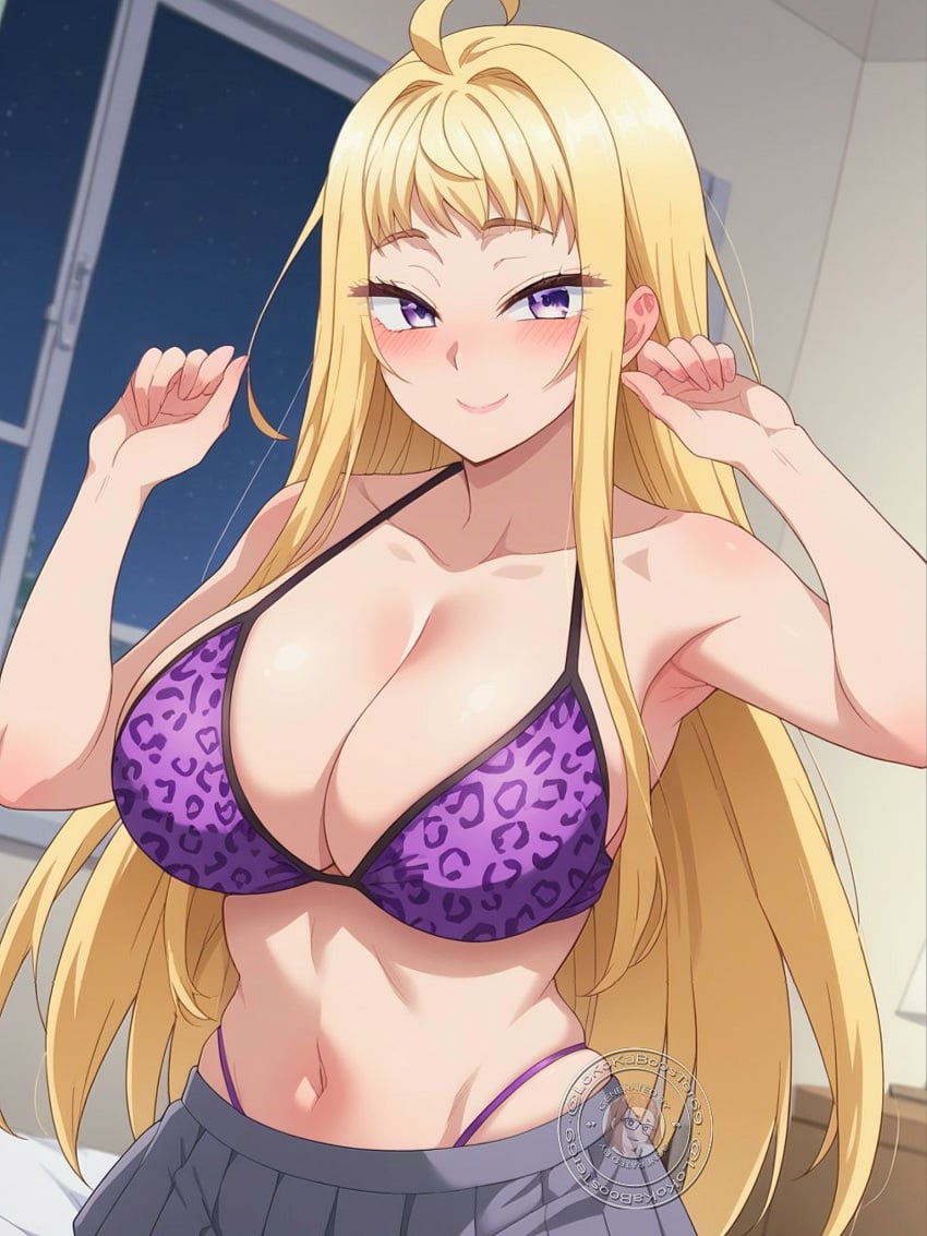 ahoge ai_generated animal_print armpits bangs bikini blonde_hair blush bra breasts clavicle cleavage clothing dosanko_gal_wa_namara_menkoi female grey_skirt highleg huge_breasts indoors large_breasts leopard_print leopard_print_bra lokokabooster69 long_hair looking_at_viewer midriff minami_fuyuki navel pantsu pleated_skirt purple_bra purple_eyes skirt smile solo swimsuit teen teen_girl teenage teenage_girl teenager thighs underwear window