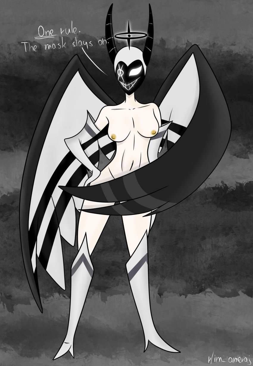 angel angel_halo angel_humanoid angel_wings breasts breasts covered_pussy exorcist_(hazbin_hotel) female_only gloves hazbin_hotel hazbin_hotel_oc heels horns long_boots mask masked muscular_female nude oc wings yellow_nipples