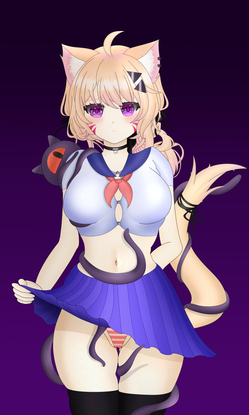 1girl ahoge animal_ears black_choker black_legwear blonde_hair blue_sailor_collar blue_skirt breasts cat_ears cat_tail catgirl choker closed_mouth collarbone crop_top face_markings female gradient gradient_background hair_between_eyes hair_ornament hairclip large_breasts long_hair looking_at_viewer midriff navel panties pleated_skirt purple_background purple_eyes red_eyes sailor_collar school_uniform serafuku shirt short_sleeves skirt skirt_lift solo squchan_(vtuber) standing striped striped_panties tail tentacle thighhighs underwear virtual_youtuber vyugen white_shirt