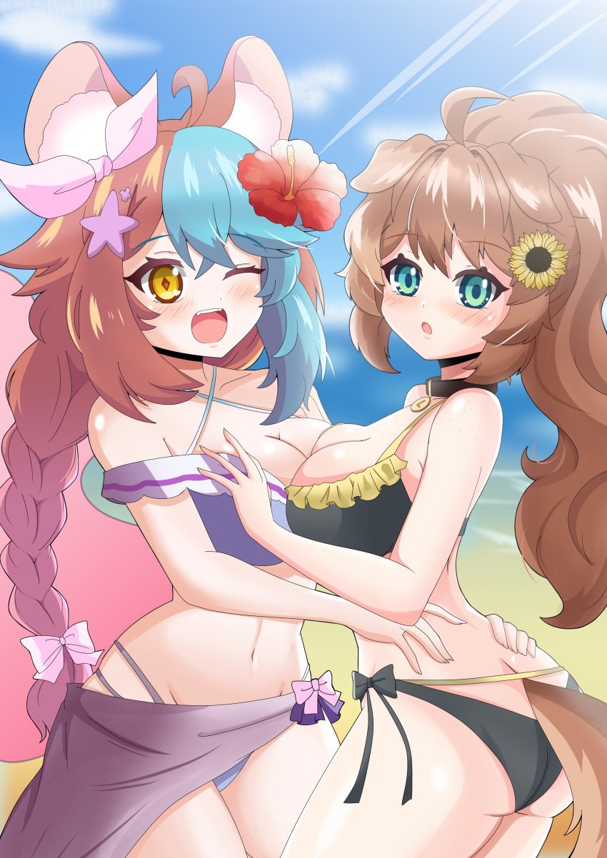 2girls _tail ass beach big_breasts bikini black_swimsuit blue_eyes blue_hair blush breasts brown_hair bun canine chinchilla chinchilla_girl cute_face dog_ears dog_girl dog_tail flower_in_hair green_eyes hug keiramevt kimura_senpai kimura_tao latam_virtual_youtuber lilybell_vt looking multiple_girls oneeshi purple_swimsuit red_hair smile star_hair_accessory star_hair_ornament sunflower_hair_ornament swimsuit virtual_youtuber vtuber vtuberfanart yellow_eyes