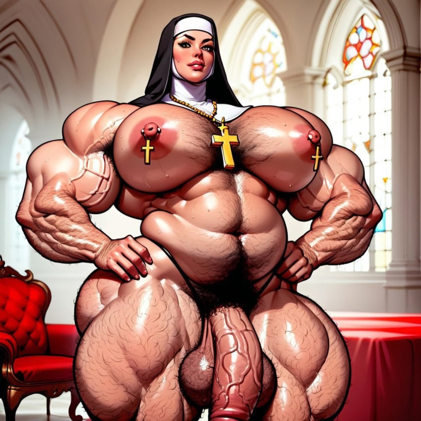 1futa abs ai_generated armpit_hair armpits belly big_balls big_penis big_thighs church cross female_leg_hair futanari hairy hairy_armpits hairy_arms hairy_belly hairy_chest hairy_legs hairy_thighs hyper_muscles manly muscular muscular_futanari necklace nipple_piercing nun nun_hat pecs piercing pubic_hair solo thong veiny_muscles veiny_penis wide_hips