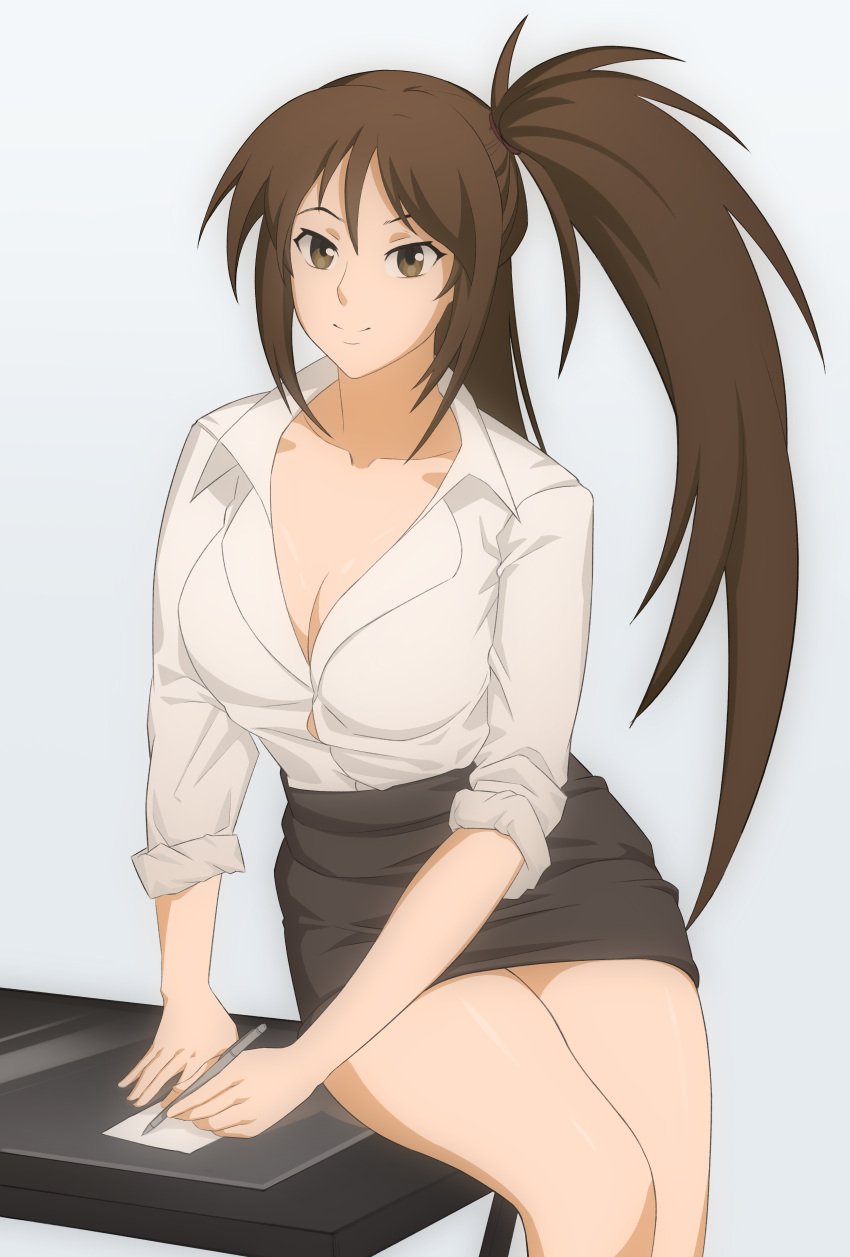 brown_eyes brown_hair cleavage commission commissioner_upload office_clothing office_lady office_skirt ophirianmerchant rolled_up_sleeves sekirei side_ponytail sitting_on_desk smile uzume_(sekirei) white_background writing