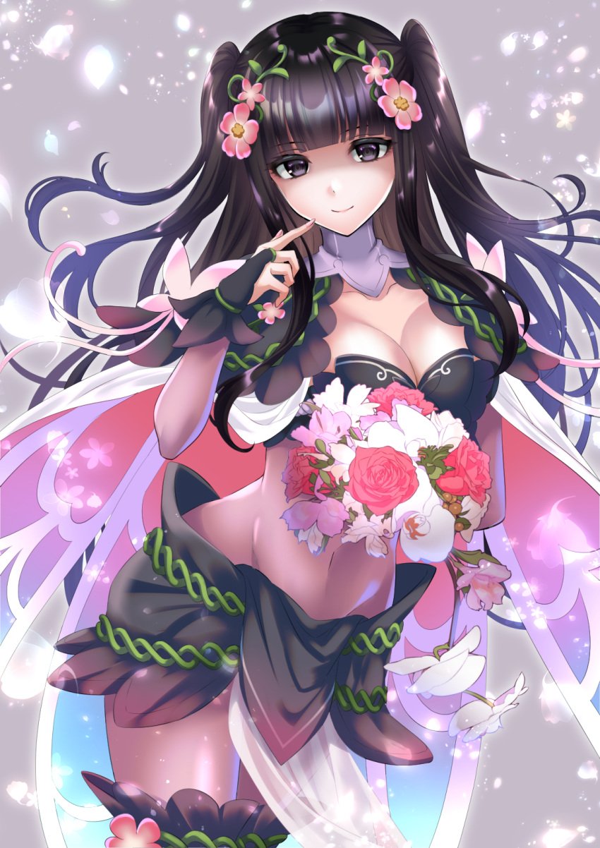 1girls alternate_costume black_eyes black_hair blunt_bangs bodystocking bouquet breasts bridal_gauntlets cleavage closed_mouth covered_navel fairy_wings fake_wings female female female_only fingernails fire_emblem fire_emblem_awakening fire_emblem_heroes flower hair_flower hair_ornament highres holding holding_bouquet index_finger_raised kakiko210 large_breasts long_hair looking_at_viewer nintendo official_alternate_costume pink_flower red_flower red_rose rose smile solo tharja_(fire_emblem) two_side_up white_flower wings
