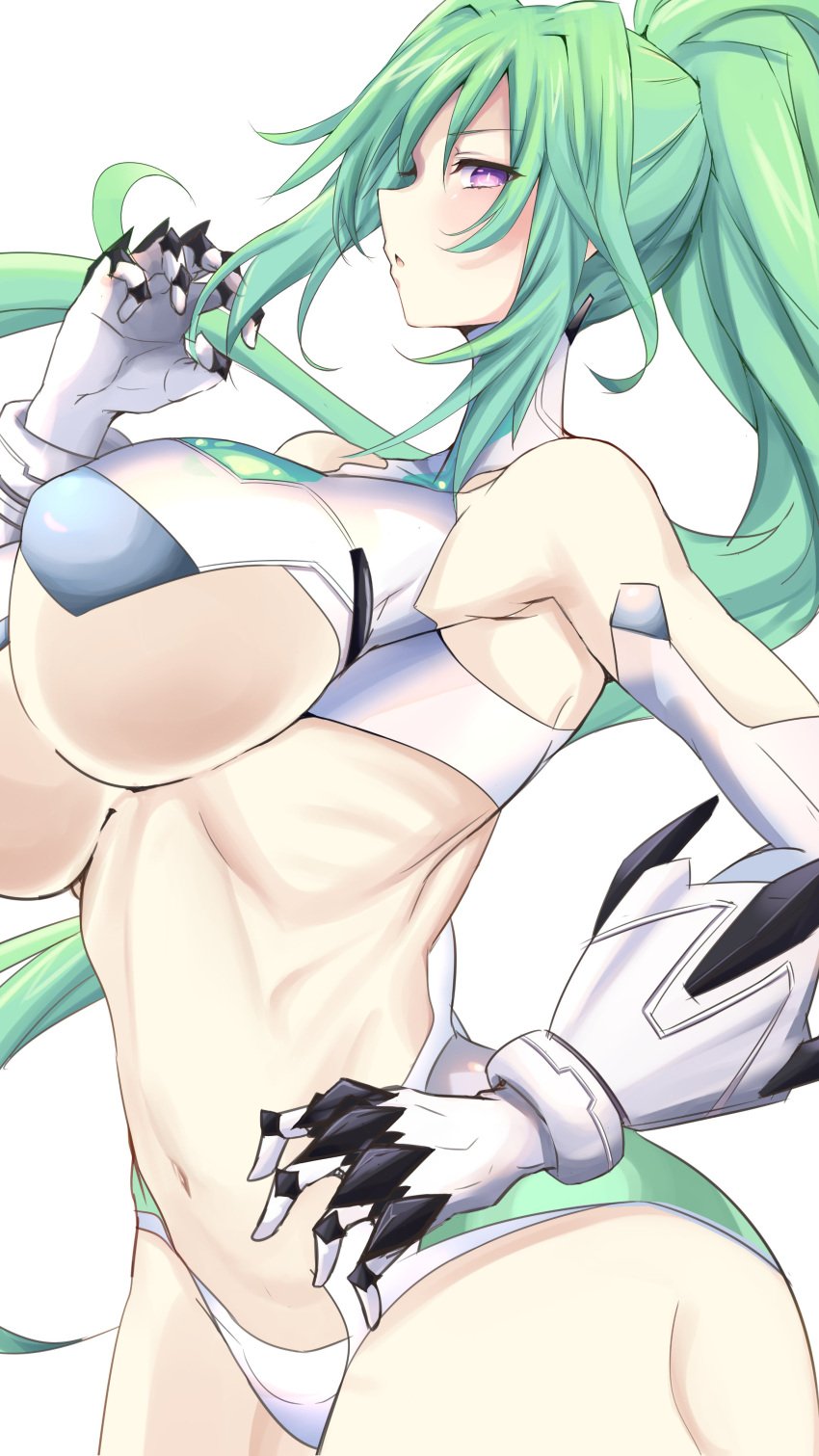 1girl bodysuit breasts cleavage detached_sleeves gloves goddess green_hair green_heart huge_breasts large_breasts long_hair midriff navel neptunia_(series) pale-skinned_female pale_skin ponytail power_symbol-shaped_pupils purple_eyes thick_thighs underboob vert