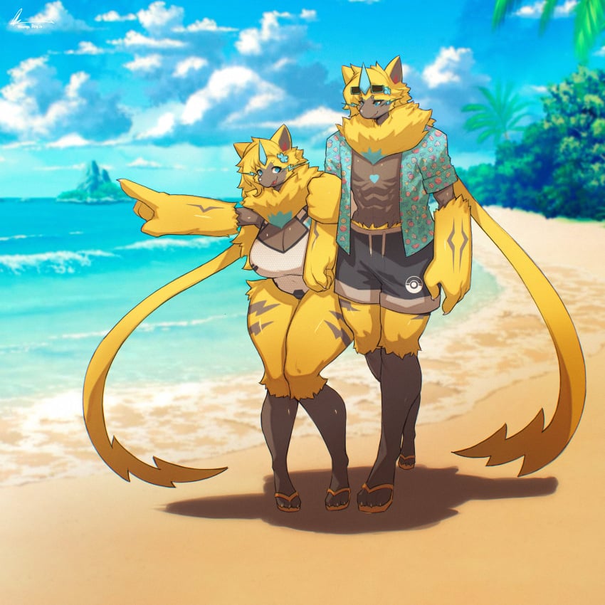 aurelius_(nbanoob) aurora_(nbanoob) big_breasts breasts cleavage female furry huge_breasts one-piece_swimsuit orangedog pokemon pokemon_(species) siblings thick_thighs wholesome wide_hips zeraora