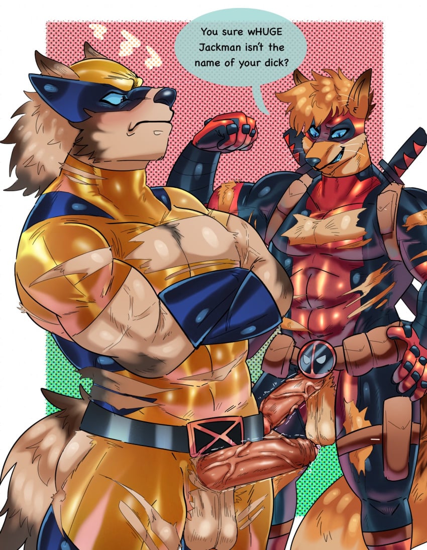 2024 annoyed anthro anthro_only anthrofied belt biggestd8 blush brown_body brown_hair canid canine clothing crossed_arms deadpool deadpool_&amp;_wolverine_(2024) dialogue digital_media_(artwork) duo embarrassed english_text erect_nipples fox genitals gloves hair handwear hi_res humor male male/male male_only mammal marvel marvel_comics mask melee_weapon muscular muscular_male nipples pecs penis simple_background smug spandex spandex_suit speech_bubble superhero sword text tight_clothing torn_clothing weapon wolverine_(x-men) x-men