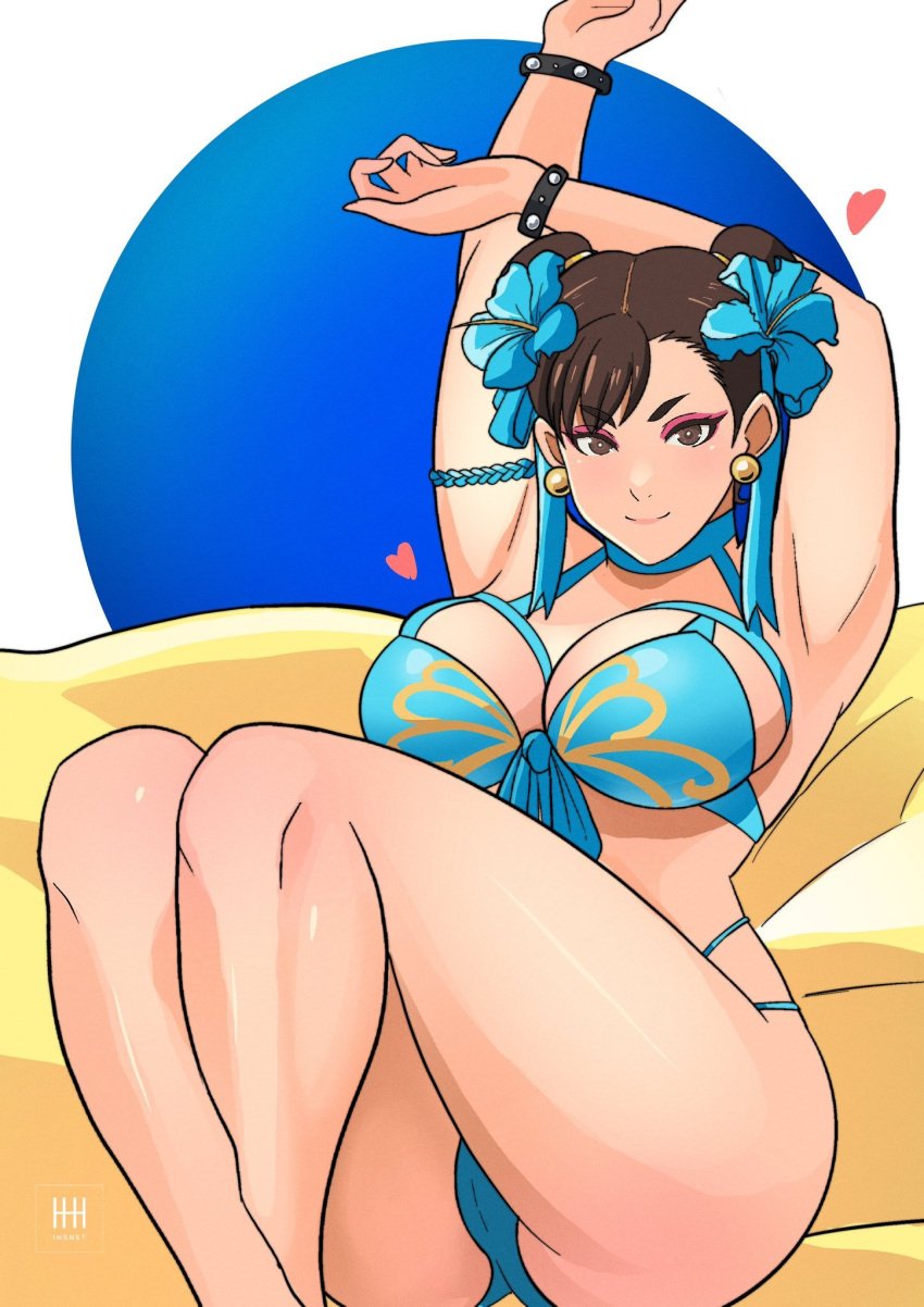 1girls armpits arms_up ass bikini blue_bikini blue_swimsuit bracelet breasts brown_eyes brown_hair cameltoe chun-li cleavage clothing double_bun earrings eyeshadow feet female female_only flower fully_clothed hair_bun hair_flower hair_ornament heart hibiscus ihsnet jewelry large_breasts looking_at_viewer makeup mature_female milf nail_polish short_hair sitting smile solo street_fighter swimsuit thick_thighs thighs tied_hair white_pupils